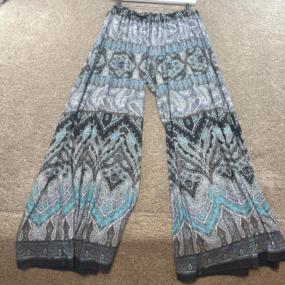 One World Womens 2X Blue Grey Paisley Wide Leg Palazzo Pants Elastic Boho Lounge